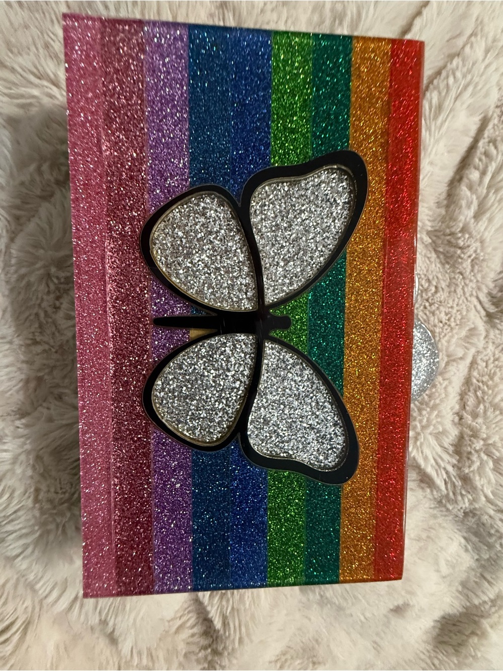 Bari Lynn Rainbow Glitter Butterfly Acrylic Clutch Crossbody